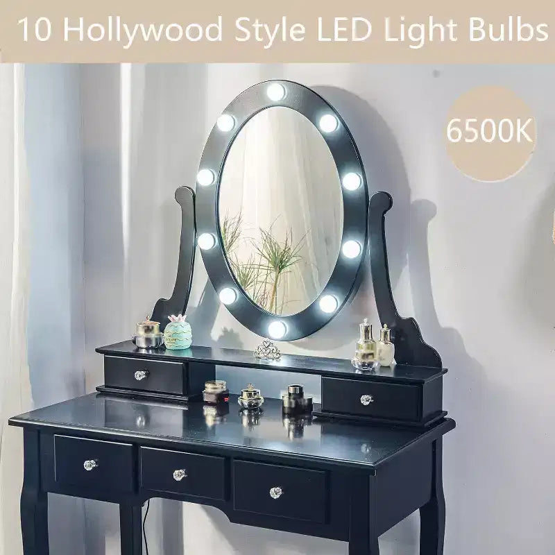 Escritorio de tocador moderno para maquillaje con espejo LED, 5 cajones de almacenamiento, taburete acolchado, diseño convertible y montaje rápido