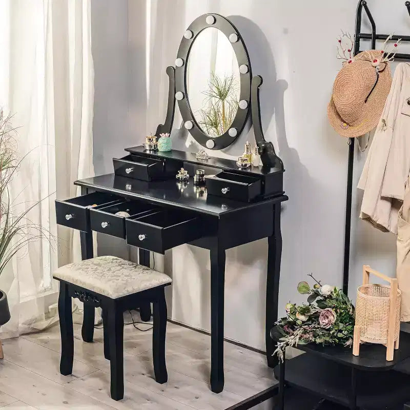 Escritorio de tocador moderno para maquillaje con espejo LED, 5 cajones de almacenamiento, taburete acolchado, diseño convertible y montaje rápido