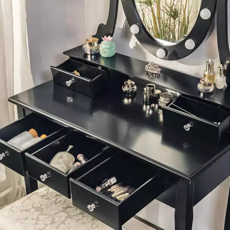 Escritorio de tocador moderno para maquillaje con espejo LED, 5 cajones de almacenamiento, taburete acolchado, diseño convertible y montaje rápido