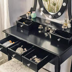 Escritorio de tocador moderno para maquillaje con espejo LED, 5 cajones de almacenamiento, taburete acolchado, diseño convertible y montaje rápido