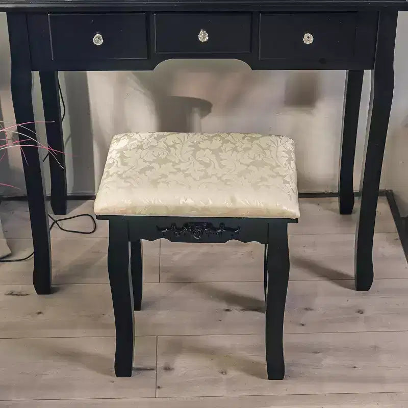 Escritorio de tocador moderno para maquillaje con espejo LED, 5 cajones de almacenamiento, taburete acolchado, diseño convertible y montaje rápido