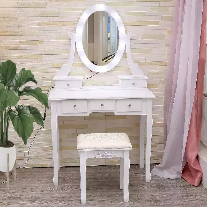 Escritorio de tocador moderno para maquillaje con espejo LED, 5 cajones de almacenamiento, taburete acolchado, diseño convertible y montaje rápido