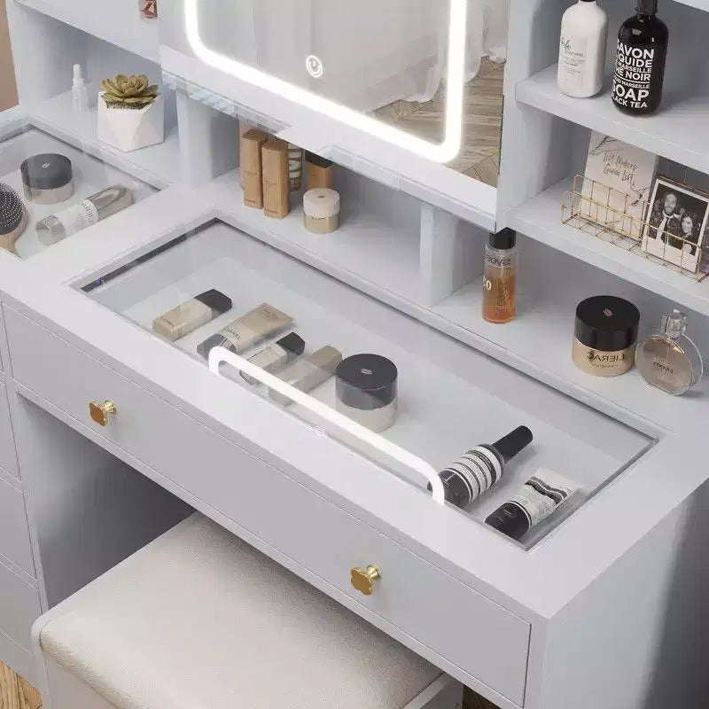 White Linen Particle Board with Triamine Tempered Glass Table Top Vanity Table Set