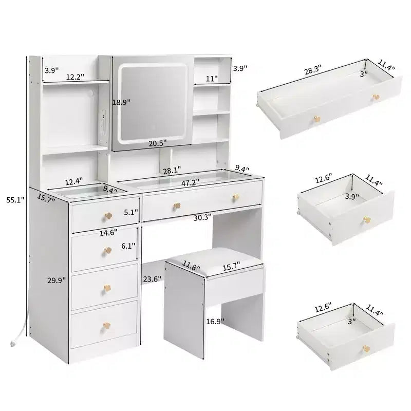 White Linen Particle Board with Triamine Tempered Glass Table Top Vanity Table Set