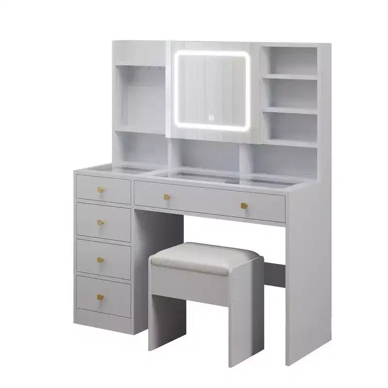 White Linen Particle Board with Triamine Tempered Glass Table Top Vanity Table Set