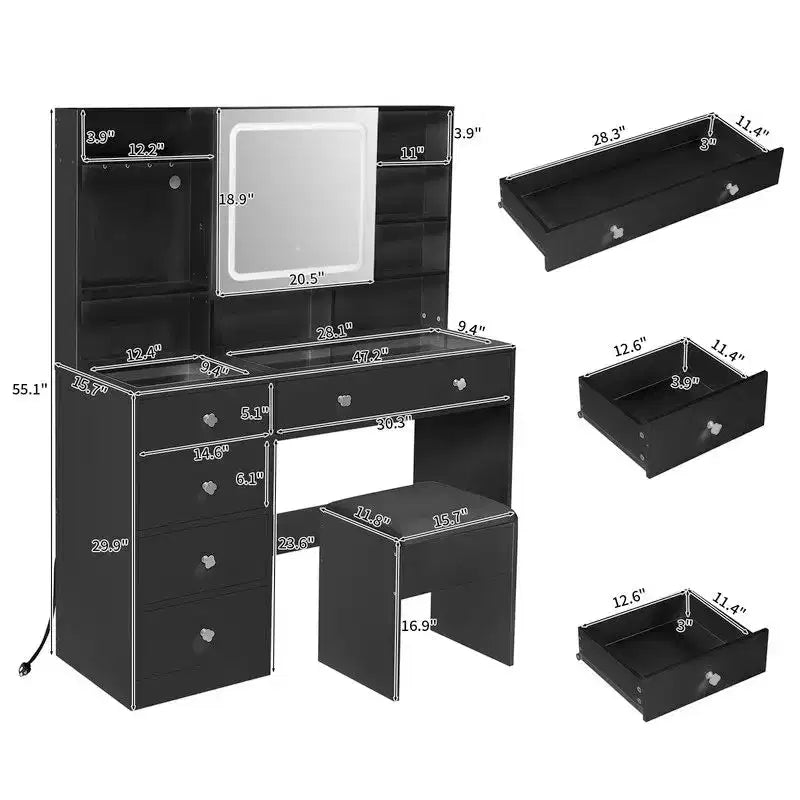 White Linen Particle Board with Triamine Tempered Glass Table Top Vanity Table Set