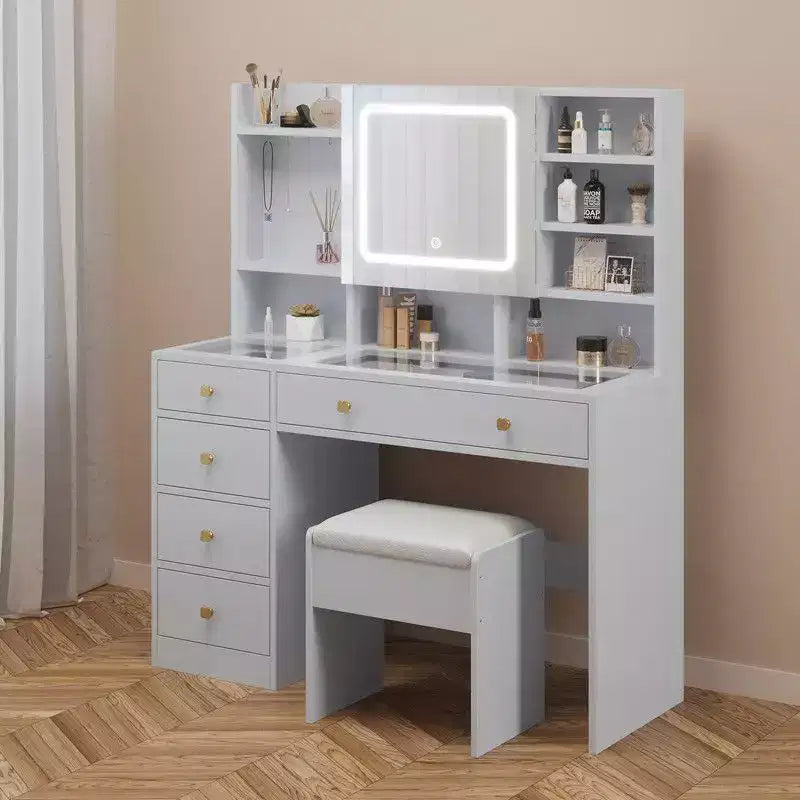 Conjunto de mesa de tocador de tablero de partículas de lino blanco con superficie de vidrio templado Triamine