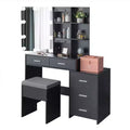 Black Linen Particleboard with Triclosan 5 Drawers 2 Shelves Sliding Door Mirror Cabinet with Tri-color Dimmable Bulb Lamp Dressing Table Set