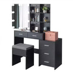 Black Linen Particleboard with Triclosan 5 Drawers 2 Shelves Sliding Door Mirror Cabinet with Tri-color Dimmable Bulb Lamp Dressing Table Set