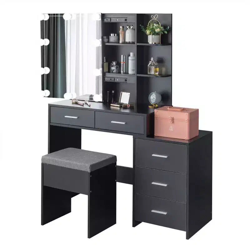 Black Linen Particleboard with Triclosan 5 Drawers 2 Shelves Sliding Door Mirror Cabinet with Tri-color Dimmable Bulb Lamp Dressing Table Set