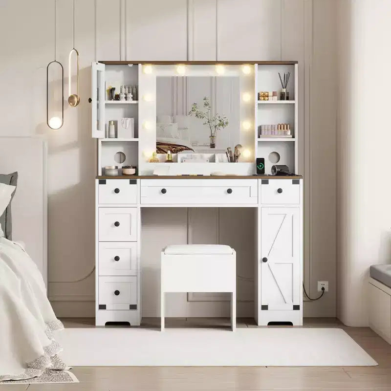 GustoWave Makeup Vanity and Stool, Vanity Desk with Lights, White Vanity Table with Charging Station, 6 Drawers and Cabinets