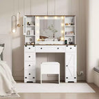 GustoWave Makeup Vanity and Stool, Vanity Desk with Lights, White Vanity Table with Charging Station, 6 Drawers and Cabinets