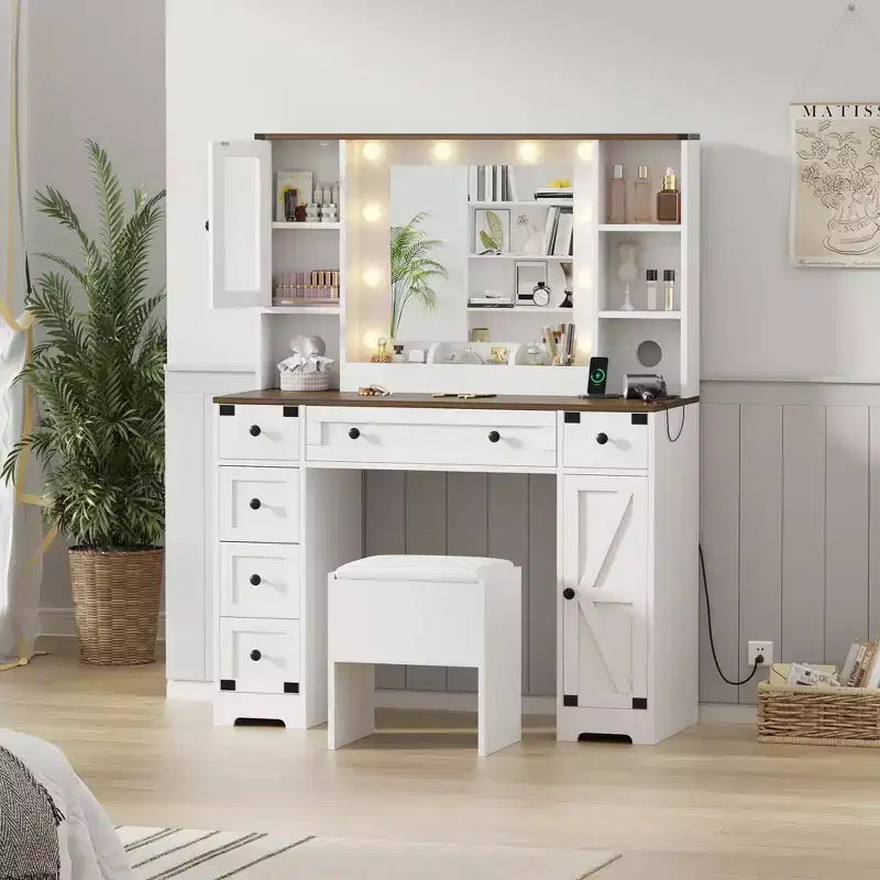 GustoWave Schminktisch und Hocker, Schminktisch mit Beleuchtung, weißer Schminktisch mit Ladestation, 6 Schubladen und Schränken