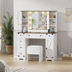 GustoWave Schminktisch und Hocker, Schminktisch mit Beleuchtung, weißer Schminktisch mit Ladestation, 6 Schubladen und Schränken