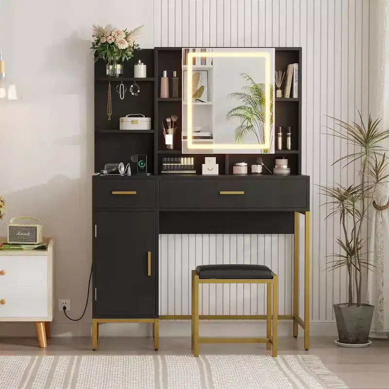 Bedroom Dressing Table with Lamp and Power Socket , Wooden Dressing Table with 2 Drawers, 9 Open Shelves, 2 Cabinets, Cushion and Stool