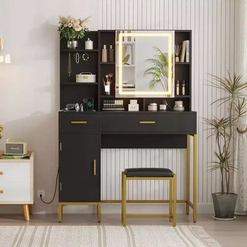 Bedroom Dressing Table with Lamp and Power Socket , Wooden Dressing Table with 2 Drawers, 9 Open Shelves, 2 Cabinets, Cushion and Stool
