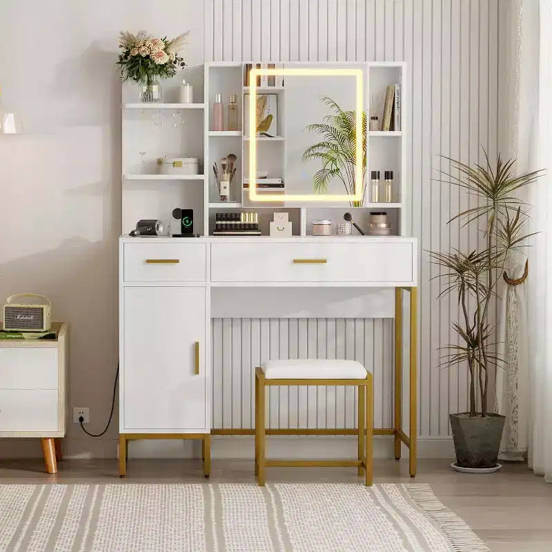 Mesa de tocador para dormitorio con lámpara y toma de corriente, mesa de tocador de madera con 2 cajones, 9 estantes abiertos, 2 armarios, cojín y taburete
