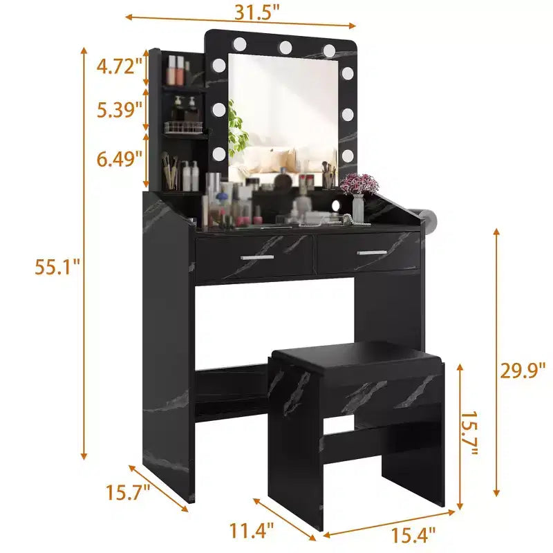 Schminktisch mit Beleuchtung, Schminktisch-Set mit Spiegel und Beleuchtung, großer Schublade und geräumigem zweistöckigem Stauraumschrank, 3 Beleuchtungsmodi