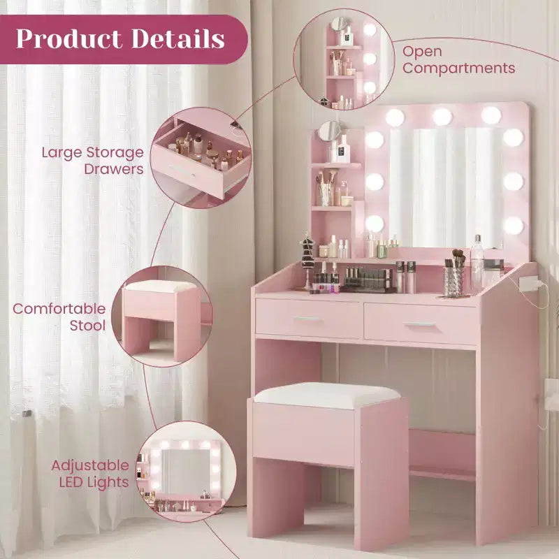 Schminktisch mit Beleuchtung, Schminktisch-Set mit Spiegel und Beleuchtung, großer Schublade und geräumigem zweistöckigem Stauraumschrank, 3 Beleuchtungsmodi