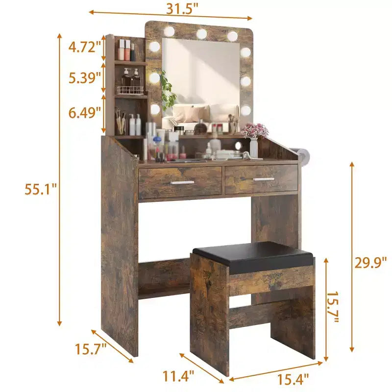 Schminktisch mit Beleuchtung, Schminktisch-Set mit Spiegel und Beleuchtung, großer Schublade und geräumigem zweistöckigem Stauraumschrank, 3 Beleuchtungsmodi