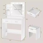 Schminktisch mit Beleuchtung, Schminktisch-Set mit Spiegel und Beleuchtung, großer Schublade und geräumigem zweistöckigem Stauraumschrank, 3 Beleuchtungsmodi