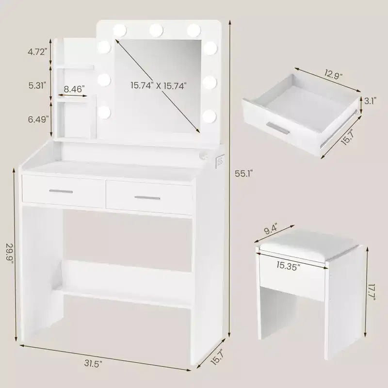 Schminktisch mit Beleuchtung, Schminktisch-Set mit Spiegel und Beleuchtung, großer Schublade und geräumigem zweistöckigem Stauraumschrank, 3 Beleuchtungsmodi