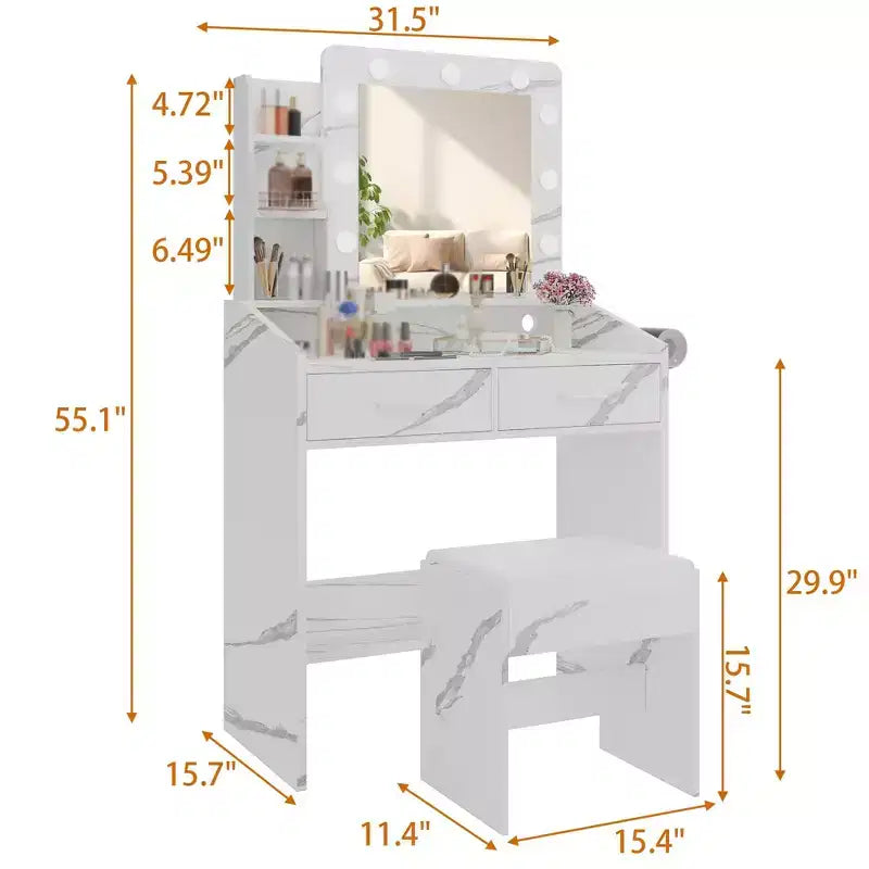 Schminktisch mit Beleuchtung, Schminktisch-Set mit Spiegel und Beleuchtung, großer Schublade und geräumigem zweistöckigem Stauraumschrank, 3 Beleuchtungsmodi