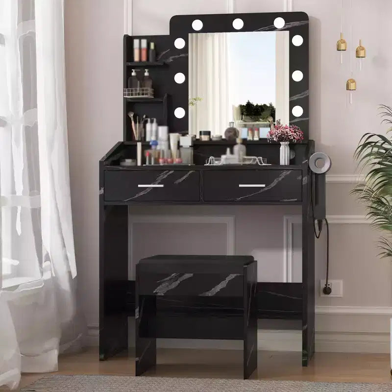 Tocador para maquillaje con luces, conjunto de escritorio de tocador con espejo y luces, cajón grande y armario de almacenamiento de dos niveles con amplio espacio, 3 modos de iluminación