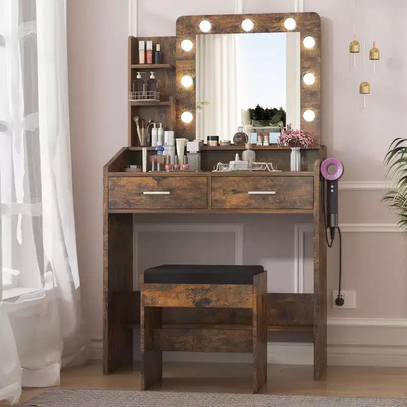 Tocador para maquillaje con luces, conjunto de escritorio de tocador con espejo y luces, cajón grande y armario de almacenamiento de dos niveles con amplio espacio, 3 modos de iluminación