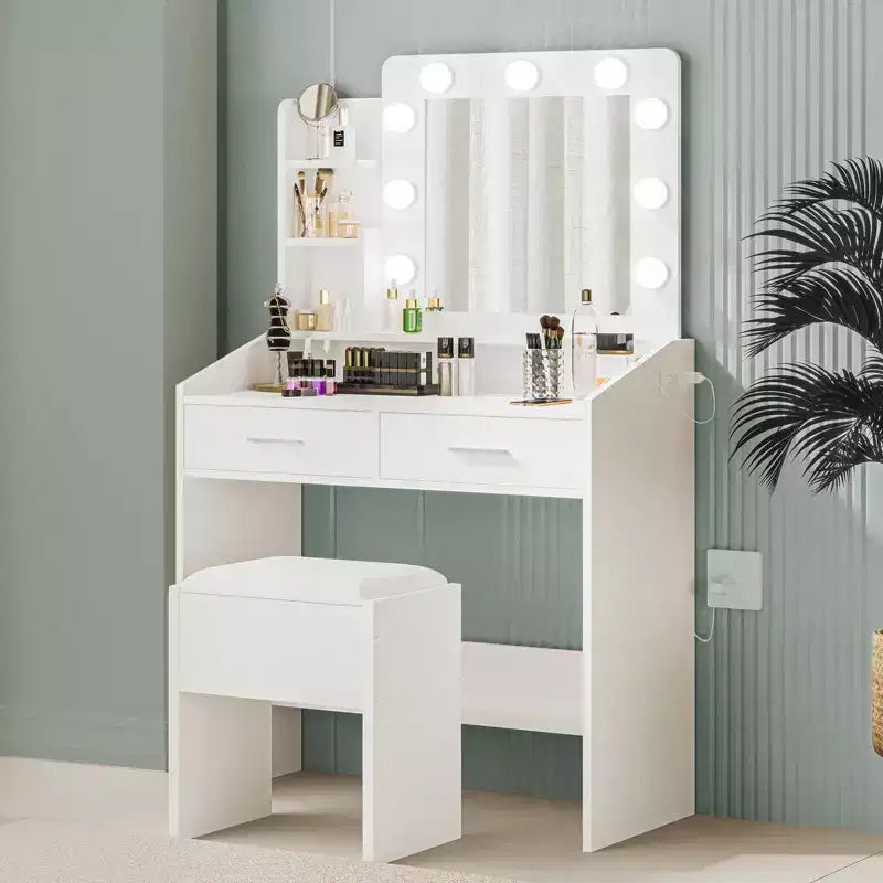 Tocador para maquillaje con luces, conjunto de escritorio de tocador con espejo y luces, cajón grande y armario de almacenamiento de dos niveles con amplio espacio, 3 modos de iluminación