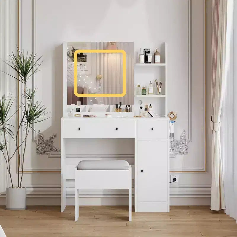 Vanity Desk and Stool with Mirror and LightsMakeup Vanity with Charging Station, Drawers, Storage Shelves for Bedroom, White