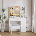Vanity Desk and Stool with Mirror and LightsMakeup Vanity with Charging Station, Drawers, Storage Shelves for Bedroom, White
