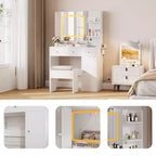 Vanity Desk and Stool with Mirror and LightsMakeup Vanity with Charging Station, Drawers, Storage Shelves for Bedroom, White