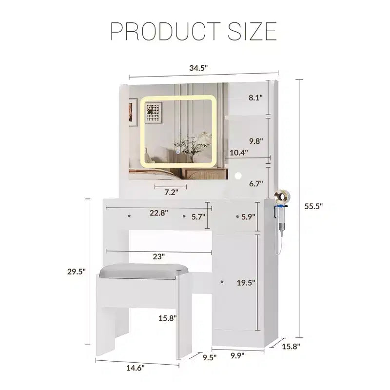 Vanity Desk and Stool with Mirror and LightsMakeup Vanity with Charging Station, Drawers, Storage Shelves for Bedroom, White
