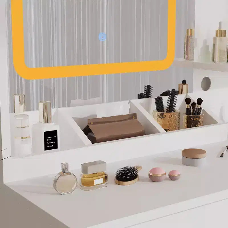 Vanity Desk and Stool with Mirror and LightsMakeup Vanity with Charging Station, Drawers, Storage Shelves for Bedroom, White