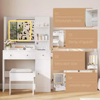 Vanity Desk and Stool with Mirror and LightsMakeup Vanity with Charging Station, Drawers, Storage Shelves for Bedroom, White
