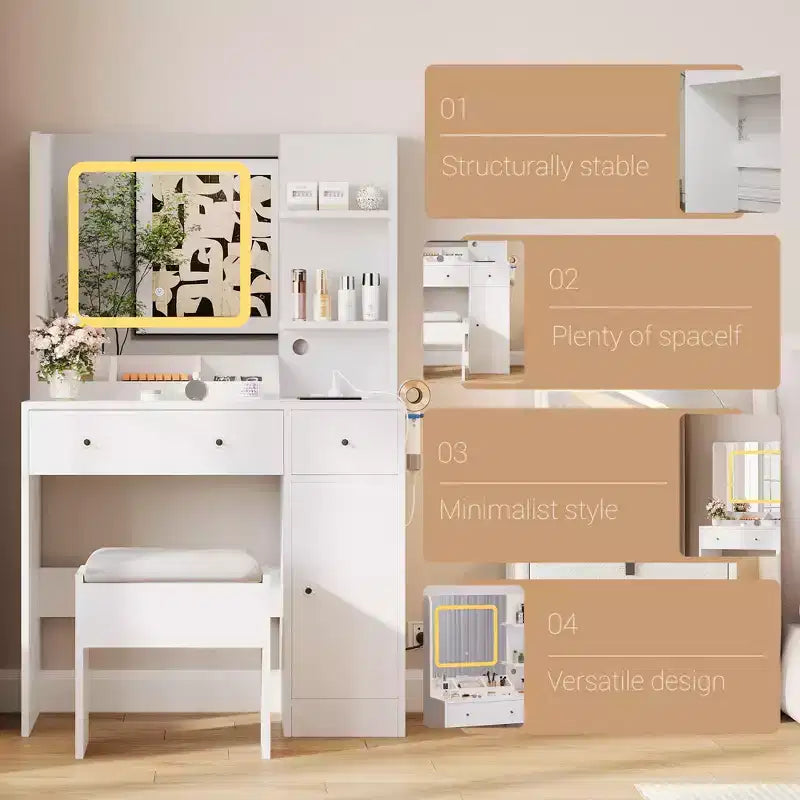 Vanity Desk and Stool with Mirror and LightsMakeup Vanity with Charging Station, Drawers, Storage Shelves for Bedroom, White