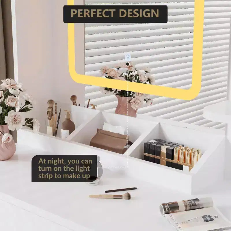 Vanity Desk and Stool with Mirror and LightsMakeup Vanity with Charging Station, Drawers, Storage Shelves for Bedroom, White