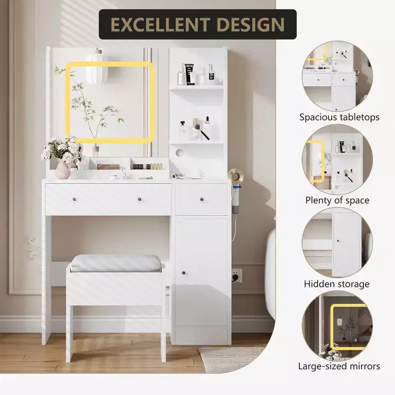 Vanity Desk and Stool with Mirror and LightsMakeup Vanity with Charging Station, Drawers, Storage Shelves for Bedroom, White