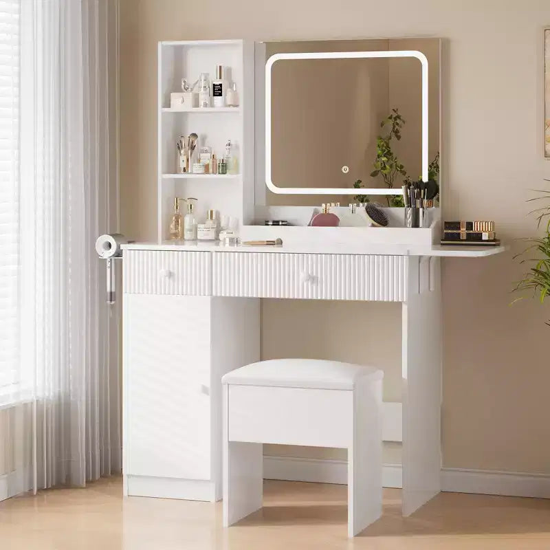 Tocador GustoWave con espejo e iluminación, mesa de maquillaje con tomas de corriente, cajones y armario, taburete de almacenamiento, tocador para dormitorio