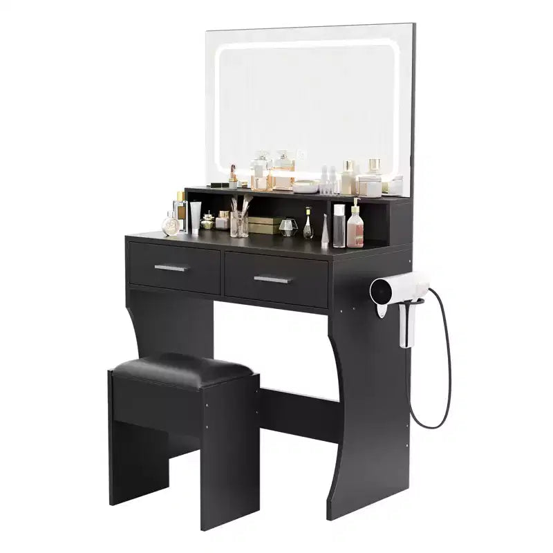Conjunto de tocador con espejo LED grande de 31.5 y luces, mesa de maquillaje con 2 cajones, taburete, toma de corriente y 3 modos de iluminación para dormitorio