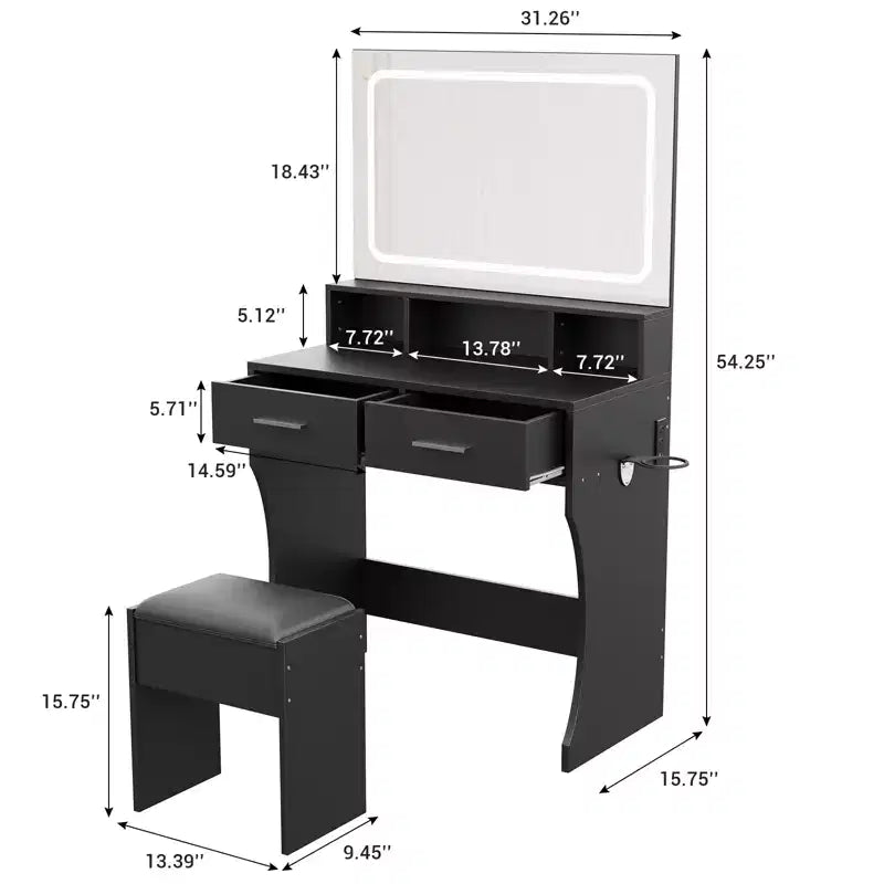 Conjunto de tocador con espejo LED grande de 31.5 y luces, mesa de maquillaje con 2 cajones, taburete, toma de corriente y 3 modos de iluminación para dormitorio