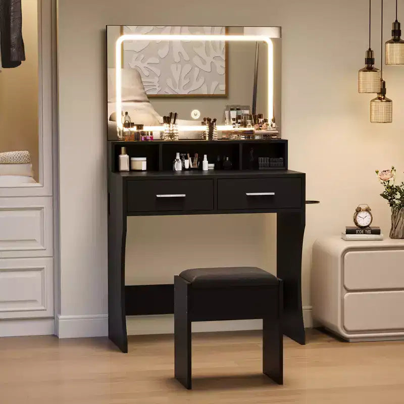Conjunto de tocador con espejo LED grande de 31.5 y luces, mesa de maquillaje con 2 cajones, taburete, toma de corriente y 3 modos de iluminación para dormitorio