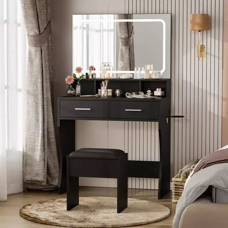 Vanity Desk Set with 31.5 Large LED Mirror and Lights, Makeup Vanity Table with 2 Drawers, Stool, Power Outlet, 3 Color Lighting Modes for Bedroom