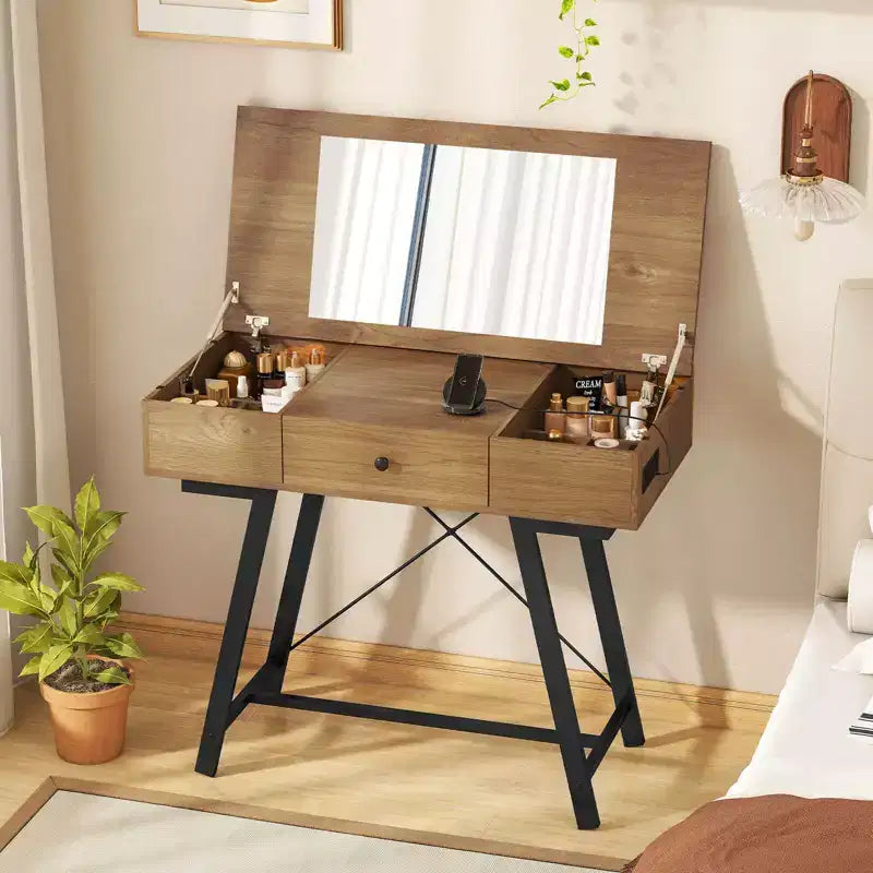 Costway Schminktisch mit klappbarem Spiegel, Frisiertisch mit Steckdosen und Schublade