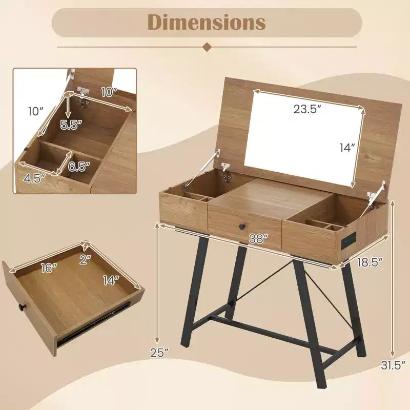 Costway Schminktisch mit klappbarem Spiegel, Frisiertisch mit Steckdosen und Schublade