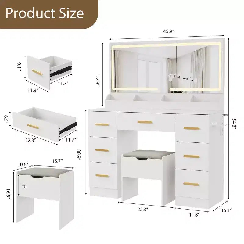 Toeletta con specchio illuminato, scrivania per il trucco con presa di corrente, 3 modalità di illuminazione a colori e luminosità regolabile, tavolo da 46" con sgabello imbottito per la camera da letto