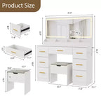 Toeletta con specchio illuminato, scrivania per il trucco con presa di corrente, 3 modalità di illuminazione a colori e luminosità regolabile, tavolo da 46" con sgabello imbottito per la camera da letto