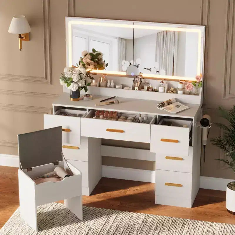 Toeletta con specchio illuminato, scrivania per il trucco con presa di corrente, 3 modalità di illuminazione a colori e luminosità regolabile, tavolo da 46" con sgabello imbottito per la camera da letto