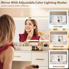 Toeletta con specchio illuminato, scrivania per il trucco con presa di corrente, 3 modalità di illuminazione a colori e luminosità regolabile, tavolo da 46" con sgabello imbottito per la camera da letto